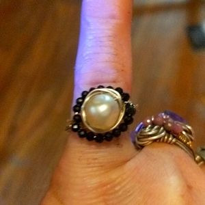 Wrapped ring pearl and spinel ss and gold